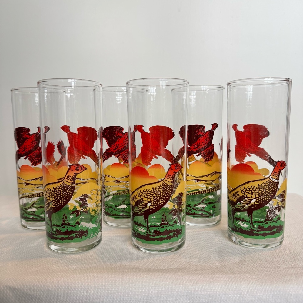 6 MCM Tom Collins Tumblers Tall Drinking Glasses Pheasant Hunting Scene